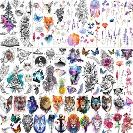 31 Sheets Watercolor Lavender Flower Temporary Tattoos For Women Arm Neck Clavicle, Water Color Small Rose Peony Floral Fake Tattoos For Adults, Geometric Butterfly Animals 3D Fox Cat Tatoos Set
