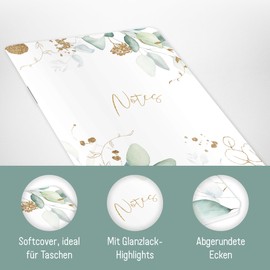 paper&you® Notebook A6+ Lined "Gold Leaf" with 64 Pages, Soft Cover Notebook Small, Mini Journal Lined - Sustainable and Climate Friendly