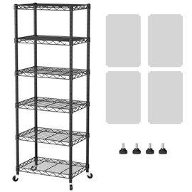SINGAYE 6 Shelves Storage Shelf Wire Closet Bathroom Organizers Metal Pantry Kitchen Small Garage Shelving Unit Laundry Room Organization Home Narrow Rack Net Basket with Wheels Black