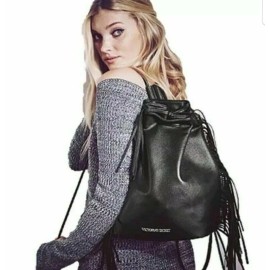 Victoria's Secret Victorias Secret  Black Faux Leather Fringe Backpack Bag Boho Drawstring