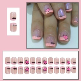 24Pcs Valentines Press on Nails Short False Nails Heart Nails Tip Design Acrylic Nails Glitter Full Cover Square Stick on Nails Pink French Tip Fake Nails for Women Wedding Nail Art Decoration