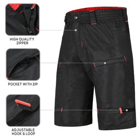 Urban Cycling Apparel The Single Tracker - Pantalones cortos para bicicleta de montaña con bolsillos con zíper, conjunto con forro interior, Black/Red - No Undershorts, X-Large 36"-38"