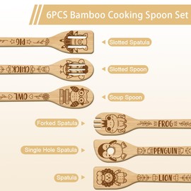 GLOBLELAND Set of 6 Cute Animal Wooden Spoons Utensils Set Cartoon Animals Bamboo Carving Kitchen Cooking Utensils Wood Engraved Cooking Spatula Set for the Kitchen Funny Housewarming Gift