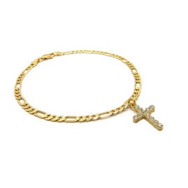CBC Crown Stone Studded Egyptian Ankh and Cross Anklet 10" Figaro Chain Anklet in Gold Tone (Gold Cross Anklet)
