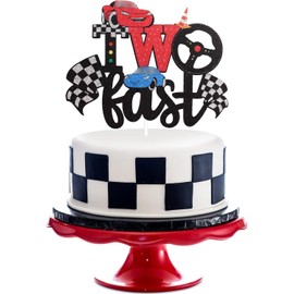 LHCING - Dos decoraciones para tartas de coche de carreras rápidas, diseño de coche de carreras para 2º cumpleaños, suministros para tartas con purpurina, para niños de dos años, bandera a cuadros