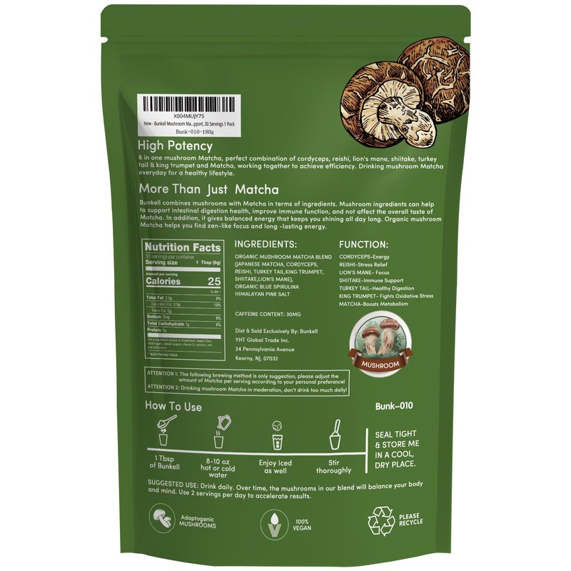 Bunkell Mushroom Matcha, Organic 6 Mushrooms Mix w/Japanese Matcha, Ceremonial