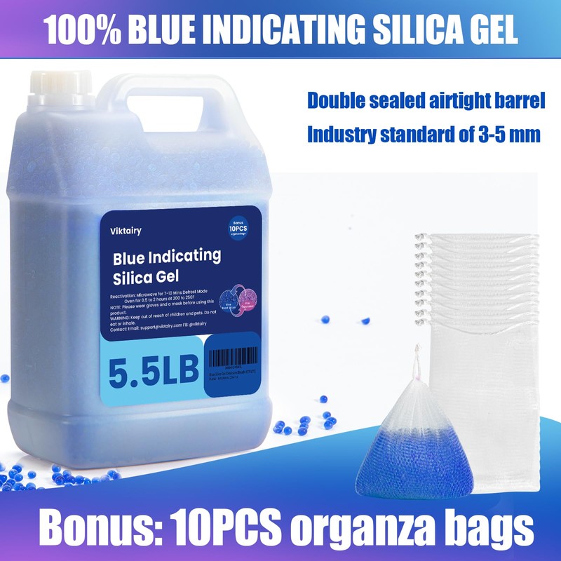 5.5LBS Silica Gel Desiccant Beads, Premium Blue Indicating Reusable Desiccant