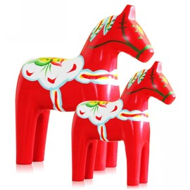 2 Piece Wooden Dala Horse Swedish National Style Wood Figures Statue Handicraft Sweden Style Dala Horse House Decoration (Red)