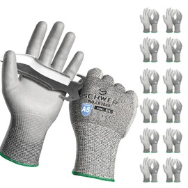 Schwer 12 Pairs ANSI A5 Cut Resistant Work Gloves, Cut Proof Gloves with PU Coating, Used for Metal Fabrication, WoodWorking, Construction, Non Slip, Durable, L, CR3088