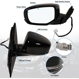 Lqito Left Driver side mirror Fits 2013-2017 Honda accord Honda Accord with Power Glass Heated turn signals Match Black Replace 76250T2GA11ZC （6Pins)