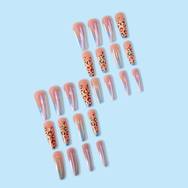 French Press on Nails Long Coffin Fake Nails Mirror Blue Gradient False Nails with Leopard Print Designs Glossy Acrylic Full Cover Ballet Nails Artificial Nails Reusable Stick on Nails for Women 24PCS
