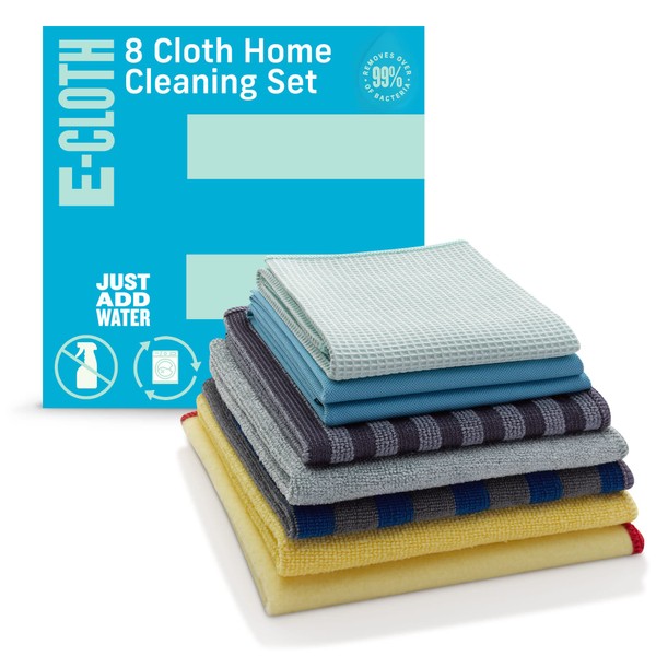 E-Cloth Home Cleaning Set, Premium Microfiber Cleaning Cloth, Household Cleaning Tools & Supplies for Dusting, Bathroom, Kitchen & Cars, Washable & Reusable, 100 Wash Guarantee, 8 Piece Set