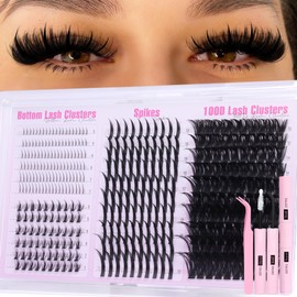 Boahankuke Lash Clusters Kit with Spikes Wispy Lash Extension Kit with Bottom Lashes 100D Eyelash Clusters 380PCS Volume Eyelash Extension Kit Spiky Lashes Clusters Kit with 2-IN-1 Lash Glue, Tweezers