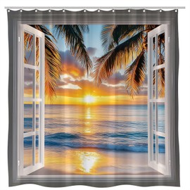 Ocean Sunrise Shower Curtain Hawaii Sunset Beach Palm Leaves Summer Seascape Coastal Seaside Landscape Tropical Island Wooden Window Bathroom Curtains Set Polyester Fabric with Hooks 70"W x 70"L