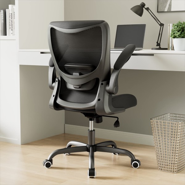 MUXX.STIL Office Chair, Ergonomic Desk Chair with Adjustable Lumbar Support, Computer Chair with Flip-up Armrest, Swivel Task Chair with Breathable Mesh for Home Office, Black