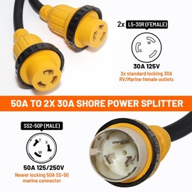 MECMO 50 Amp 125/250V to x (2) 30 Amp 125V Shore Power Adapter, NEMA SS2-50P to 2X L5-30R Marine Boat Y Splitter Cord, 50A Male to Two 30A Female w/Locking Rings and Waterproof Seals, STW 10 AWG, 3FT