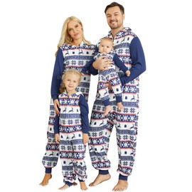 Mumetaz Matching Family Christmas Pajamas Sets Christmas Onesies Pajamas for Family Christmas Sleepwear Zipper Hoodie Jumpsuit 12-24M Blue White