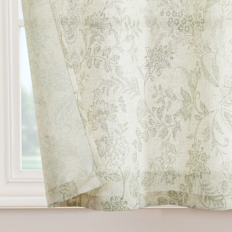 Lazzzy Floral Green on Beige Linen Kitchen Curtains, 26x36 inches,