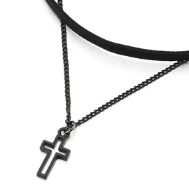 COOLSTEELANDBEYOND Ladies Womens Two-Rows Black Choker Necklace with Black Chain and Cross Charm Pendant