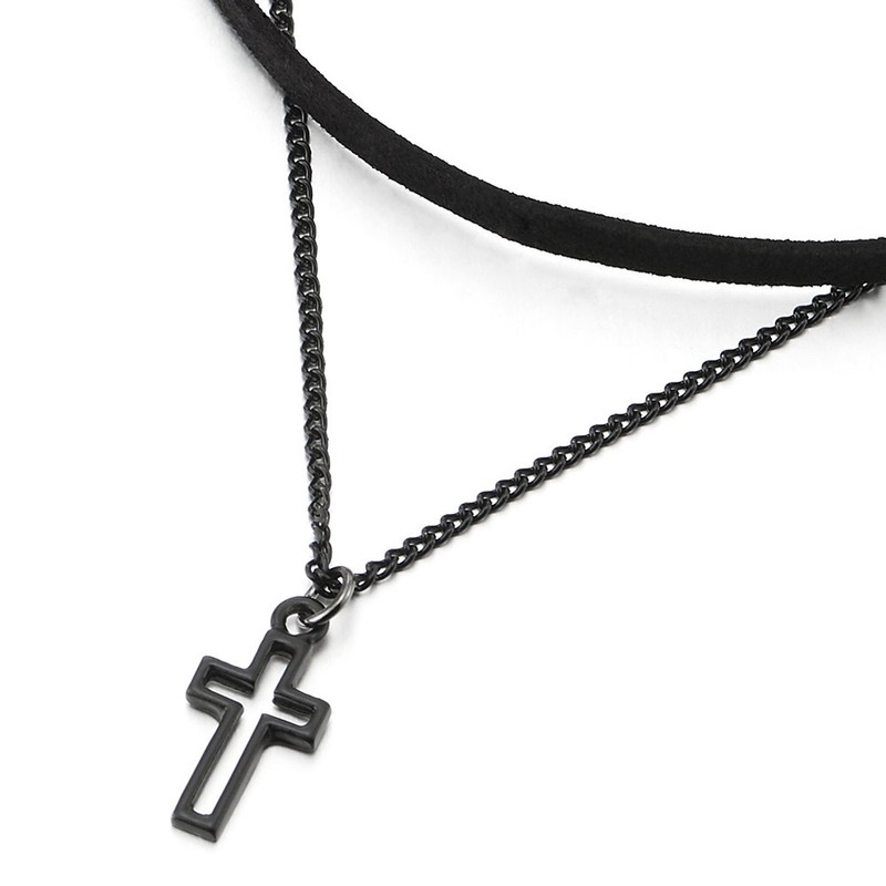COOLSTEELANDBEYOND Ladies Womens Two-Rows Black Choker Necklace with Black Chain