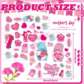 Cholemy 2 Sheets 56 Pcs Mother's Day Window Gel Clings Pink Mom Thick Gel Clings Happy Mothers Day Window Sticker Removable Reusable Heart Flowers Window Decal for Home Glass Mother's Day Party Decor