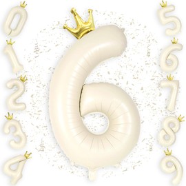Ptyceler Number Balloons Birthday Decorations 40" Large Balloons Number 6 Birthday Balloons with Crown for Wedding Party Anniversary Decoration Cream