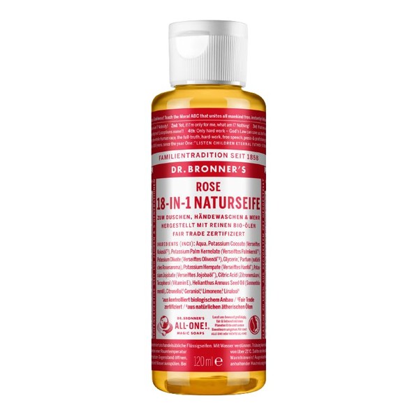 Dr. Bronners | 18-in-1 Natural Soap Rose | Organic Liquid Soap | With Natural Rose Aroma | Shower Gel, Hand Soap, Shampoo and Much More | With Organic Coconut, Olive and Jojoba Oil | 120 ml