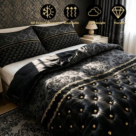 jejeloiu Black and Gold Damask Adults Comforter Set Gothic Antique Victorian Baroque Bedding Set with 2 Pillow Cases Jacquard Queen Bedclothes Bohemian Exotic Vintage Floral Bedroom Decor Duvet Quilt