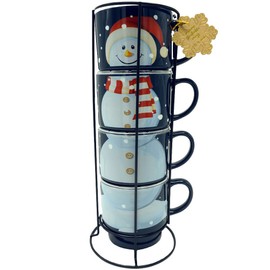 TMD Retail - Stackable Christmas Coffee Mugs - Set of 4 with Metal Stand - 15 oz Cappuccino Cups for Specialty Coffee Drinks and Tea (Happy Snowman)