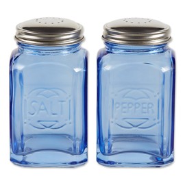 RSVP International Jumbo Retro Glass Salt & Pepper Shaker, Screw On Stainless Steel Lid, Each Shaker Holds 8 Ounces, Blue, 2.25x2.25x4.3, 2 Piece