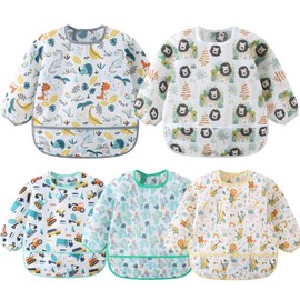 Yealoo Pack of 5 Bibs with Sleeves Baby Bibs Waterproof Washable Sleeve Bibs 6-30 Months, Excavator/Dino/Lion/Cactus/Concert