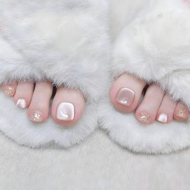 Cat Eye Press on Toenails Short Square Fake Toenails with Gold Glitter Design Glossy Skin Tones False Toenails Summer Glue on Toenails Reusable Beach Stick on Toenails for Women Girls Manicure 24Pcs