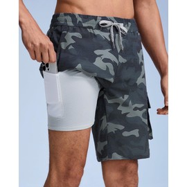 MaaMgic Mens Swim Trunks 9'' Compression Liner 2 in 1 Cargo Shorts Quick Dry Bathing Suit with Pockets,Camo Grey,Large
