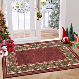 RUGSREAL - Felpudo de Navidad de 2 x 3 pulgadas, con respaldo antideslizante, cono de pino de Navidad, tapete de interior, resistente a las manchas, lavable, alfombra abstracta para cocina, baño, rojo