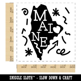 Maine State with Text Swirls Self-Inking Rubber Stamp Ink Stamper - 1-1/2 Inch Large - Red Ink