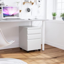 AFAIF 3-Drawer File Cabinet with Lock, Metal Rolling Cabinet Under Desk File Cabinets for Home Office, Full Assembled Filing Cabinet for A4 or Letter Size, White