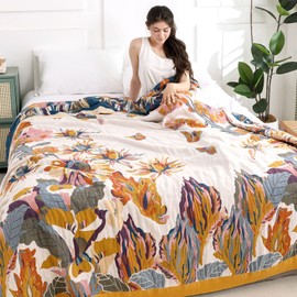 Shesyuki Boho Throw Blanket for Bed - 100% Pure Organic Cotton Ultra Soft Rustic Quilt - Farmhouse Decor Bed Blankets, All Season Rustic Throw for Sofa Couch Chair(91''x 98'', Floral)