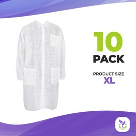 AMZ Medical Supply White Disposable Lab Coat Women and Men X-Large, Pack of 10 Low-Lint Spunbonded PP 30 GSM Disposable Lab Coats for Adults with Elastic Wrists, Front Snaps, Pockets