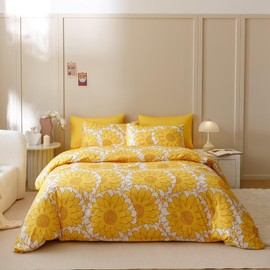 CLOTHKNOW Yellow Sunflower Duvet Cover Set - Queen Size, 3-Piece Yellow White Floral Bedding Set with Botanical Comforter