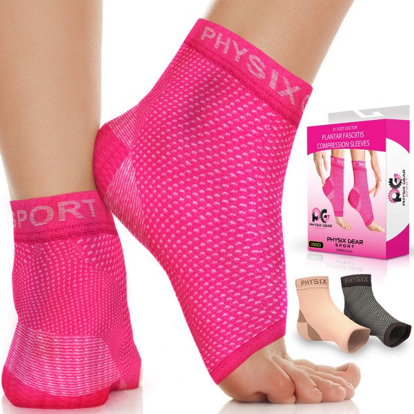 Physix Gear Plantar Fasciitis Socks with Arch Support for Men & Women - Best 24/7 Compression Foot Sleeve for Heel Spurs, Ankle, PF & Swelling - Holds Shape & Better than a Night Splint - PINK LXL