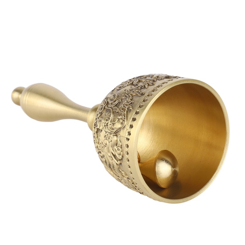 Hand Call Bell 4.7in Long Pure Brass Exquisite Carved Pattern