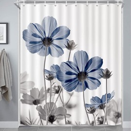 MERCHR Unique Floral Blue Shower Curtain for Bathroom Decor, Blue and Grey Daisy Flower Elegant Wildflower Design Farmhouse Shower Curtains with Hooks Set, 60 X 72 Inches