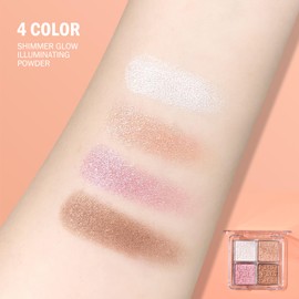 KYDA Baked Powder Highlighter, 4 Color Shimmer Glow Illuminating Powder Palette, Long lasting Face Highlighter Bronzer Makeup Palette for Girls Women-#02