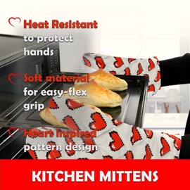 Heat Resistant Oven Mitts - Quilted Kitchen Gloves - Red Heart Design Pattern