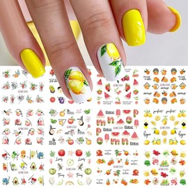 Fruit Nail Art Stickers Decals Summer Colorful Fruit Water Transfer Nail Decals Watermelon Strawberry Lemon Orange Design Summer Nail Decorations Accessories Cute Acrylic Nail Stickers for Nail Art