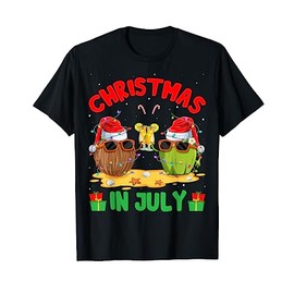 Summer Christmas in July Coconut Wearing Sunglass Santa Hat T-Shirt