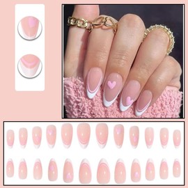 BAOYAALIN Valentines Day Press on Nails Medium Almond Nude Pink French White Fake Nails with Cute Heart Design Full Cover Valentine Acrylic Glue Artificial Press Stick ons Nail for Women 24PCS