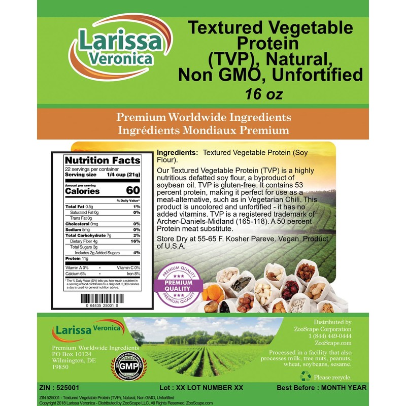 Larissa Veronica Textured Vegetable Protein (TVP), Natural, Non GMO, Unfortified