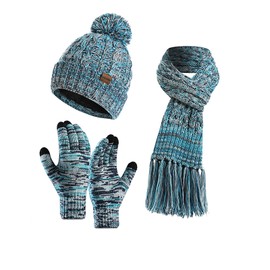 Visioelo Womens Bobble Hat Scarf and Gloves Set Fleece Lined Beanie Touch-screen Gloves Scarf with Tassel set of three (blue)