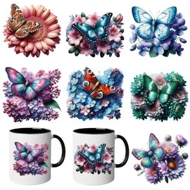 7pcs Butterfly & Floral UV DTF Cup Wraps Winter UV DTF Transfer Waterproof Sticker for Glass Cups Furniture Craft DIY Crafts，Rub on Transfer Stickers for DIY Water Bottle Laptop Decal Wood Car
